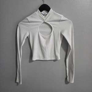 Princess Polly White Ribbed Long-Sleeve Cutout Crop Top